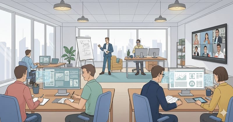 illustration of a pr agency workplace.