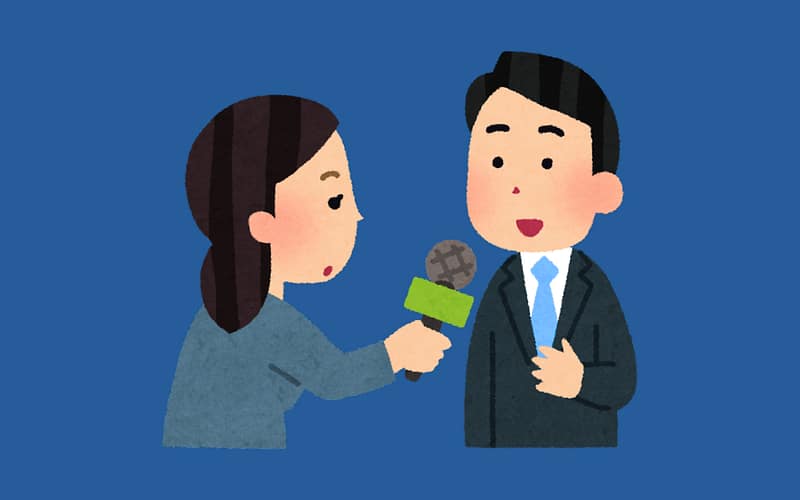 graphical image of journalist interviewing with mic.